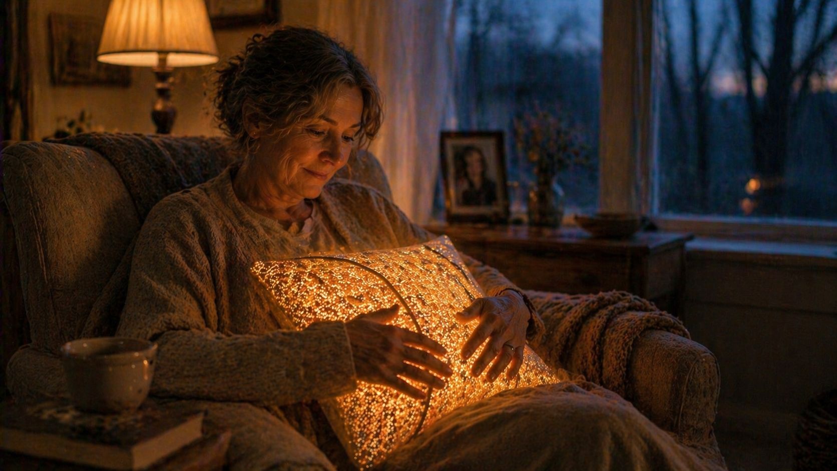 A long-distance gift — a woman in warm lamplight holding a softly glowing Miru cushion in her lap.
