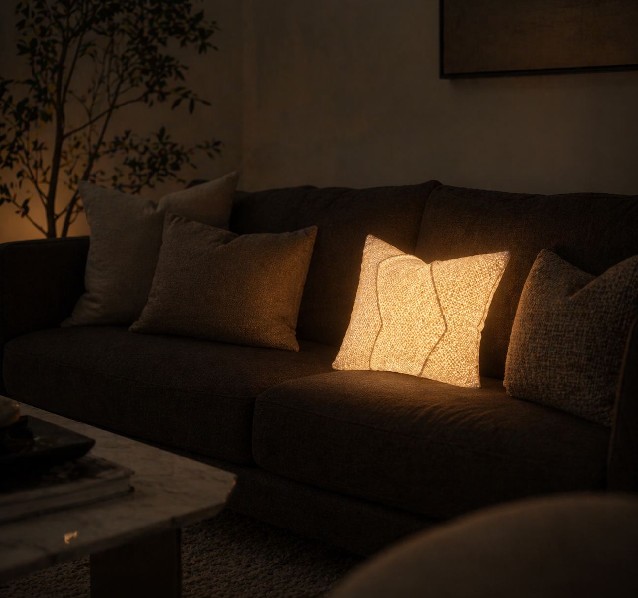 A Held by Miru cushion resting on a sofa, glowing softly amber like a quiet lamp.